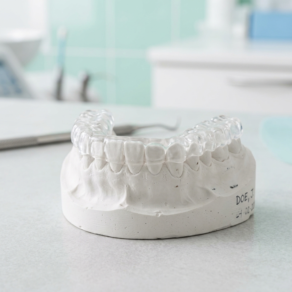 Gutieră transparentă pentru tratamentul bruxismului pe un model dentar